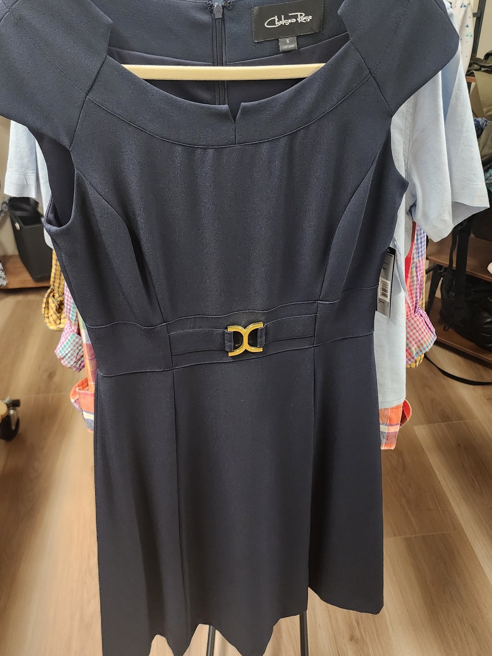Navy Midi Dress with Gold Buckle Detail